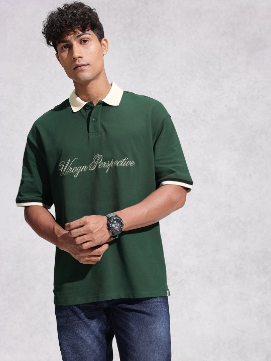Embroidered Polo Collar Drop-Shoulder Sleeves Pure Cotton Oversized T-shirt