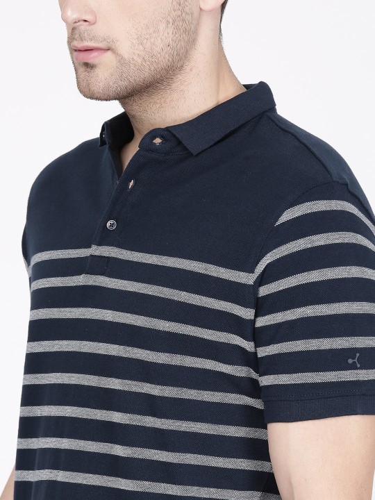 Men Navy Blue Grey Striped Polo Collar Pure Cotton T-shirt