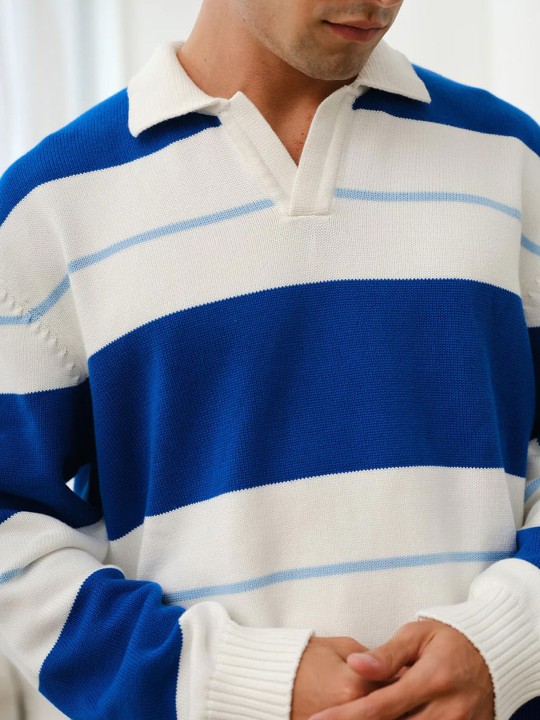 Men Stripe V-Neck Knit Polo Sweatshirt