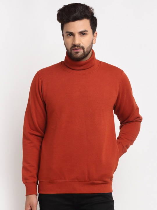 Men Rust Turtle Neck Cotton Sweatshirt
