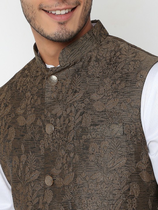 Woven Design Mandarin Collar Nehru Jacket