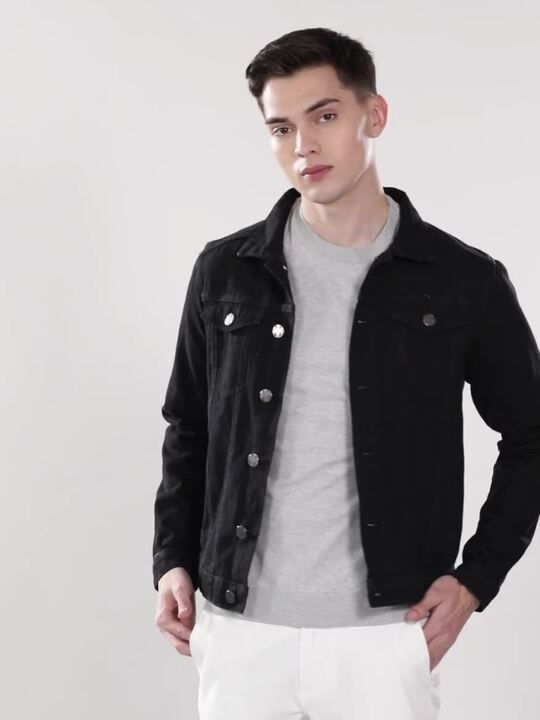 Men Black Cotton Denim Jacket