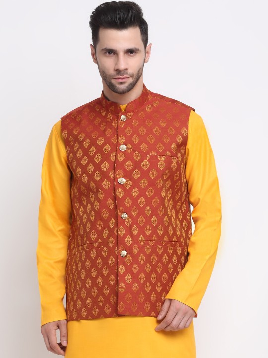 Men Maroon & Gold-Toned Woven Design Jacquard Dupion Silk Nehru Jacket