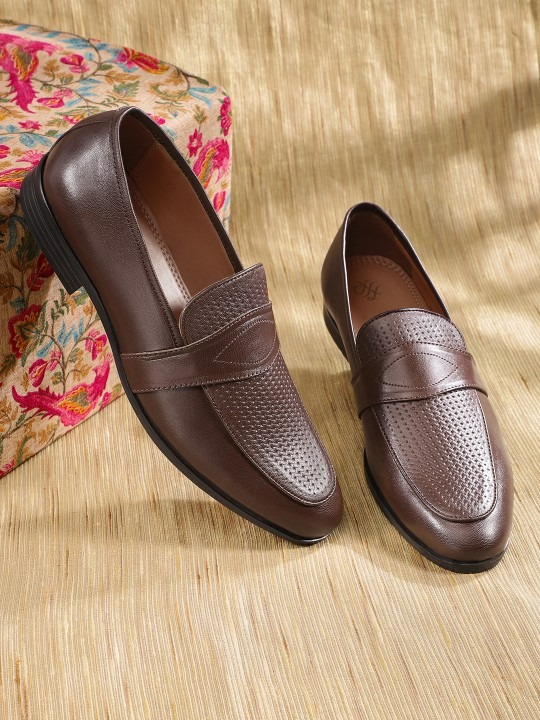 Men Textured Leather Handcrafted Formal Slip-Ons