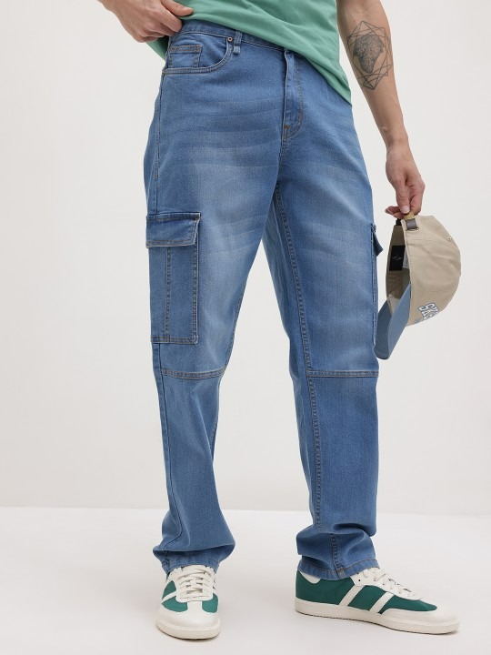 The Life Co. Men Mid-Rise Light Fade Stretchable Relaxed Fit Cargo-Style Jeans