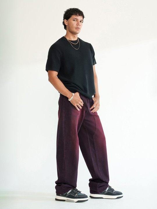 Deep Merlot Men Cotton Baggy Straight Jeans
