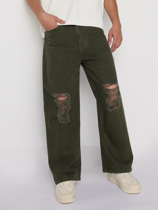 Men Wide Leg Highly Distressed Cotton Jeans