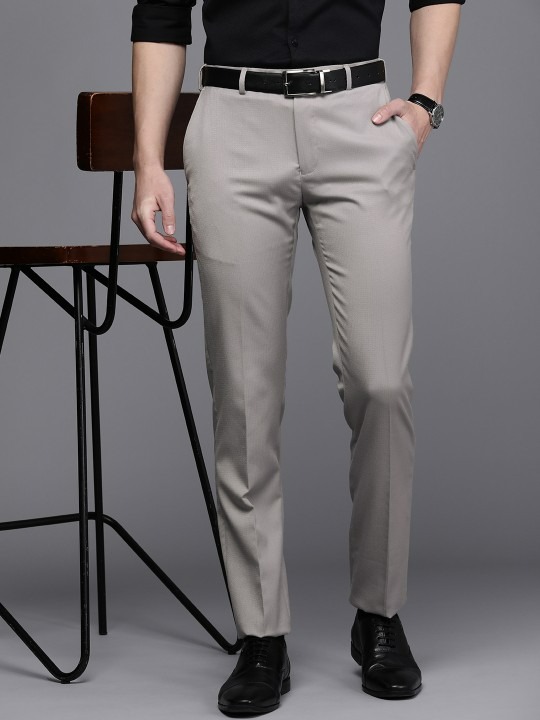 Men Self Design Textured Slim Fit Formal Trousers