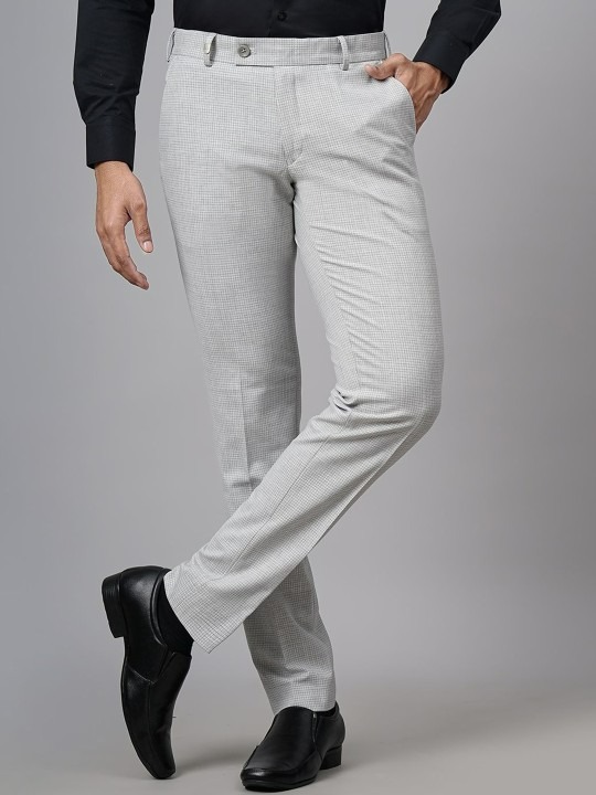Men Checked Slim Fit Mid-Rise Formal Trousers