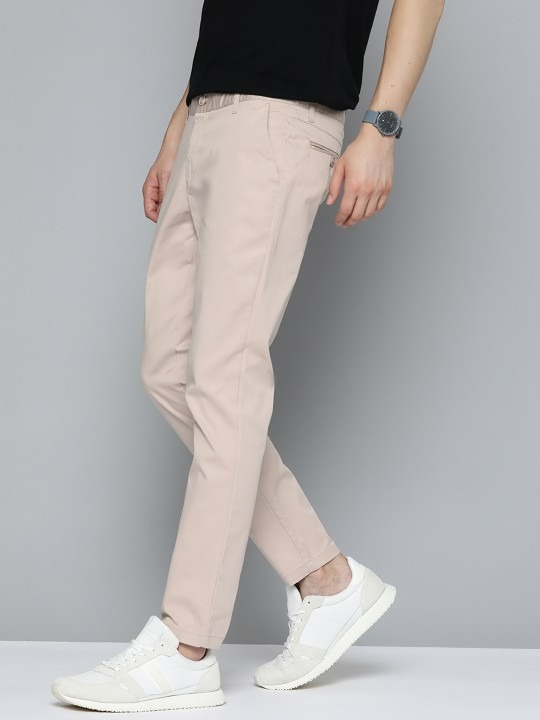 Men Beige Solid Chinos Trousers