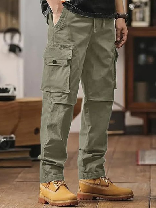 Men Solid Relaxed Straight Fit Mid-Rise Regular Cotton Cargos Trousers