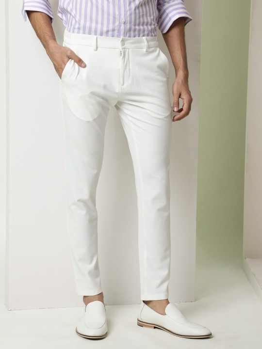 Men White Solid Slim Fit Trouser