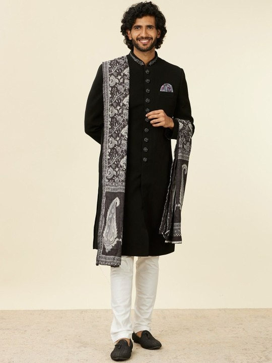 Solid Embroidered Mandarin Collar Straight Cotton Sherwani Set