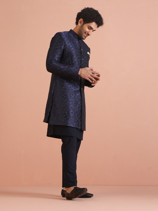 Men Self-Design Khari Print Kurta With Indowestern Sherwani & Trouser
