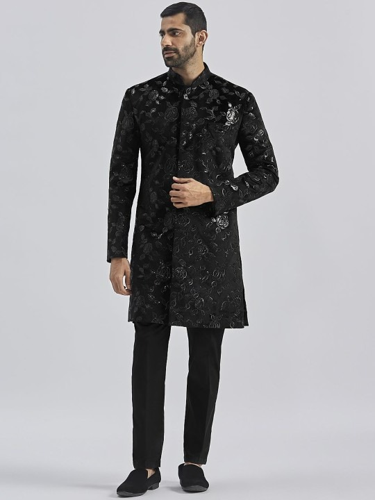Men Sequin Embroidered Velvet Sherwani Set