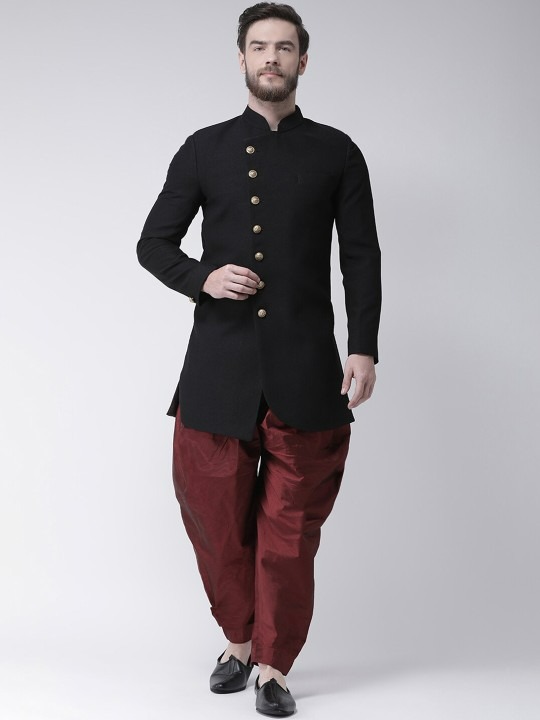 Men Black & Maroon Solid Sherwani