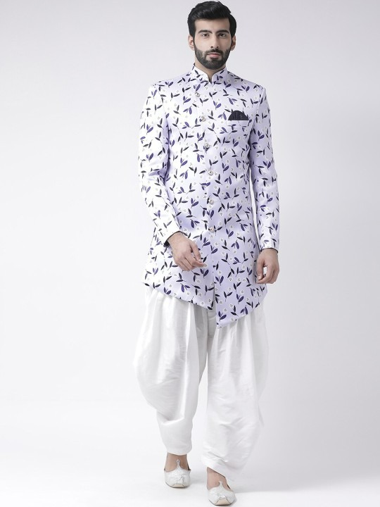 Men Blue & White Printed Sherwani Set