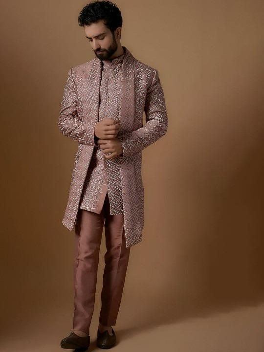 Men Embroidered Mandarin Collar Long Sleeve Sherwani Set with Dupatta