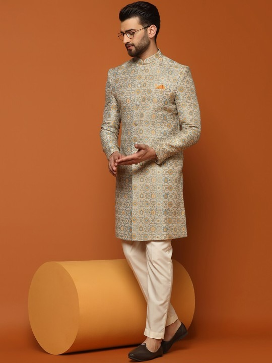 Men Self-Design Cotton Indowestern Sherwani Set