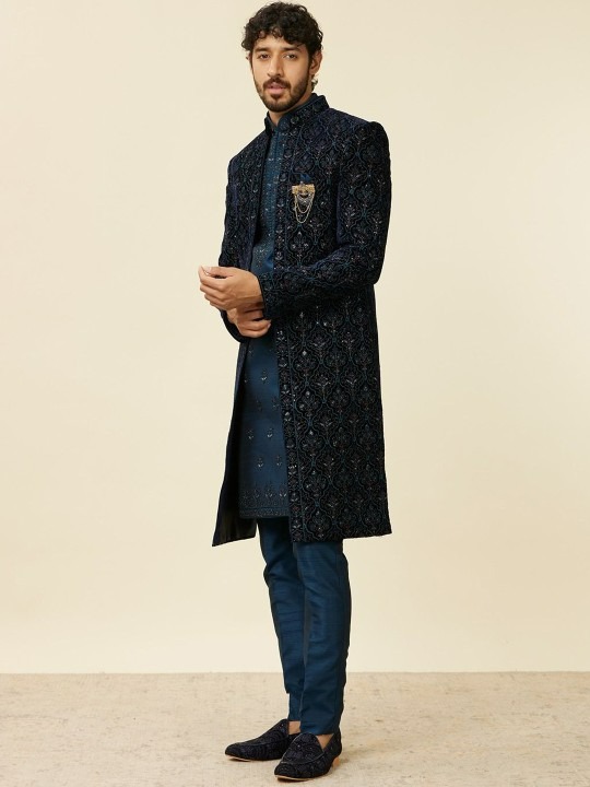 Solid Embroidered Mandarin Collar Straight Sherwani Set