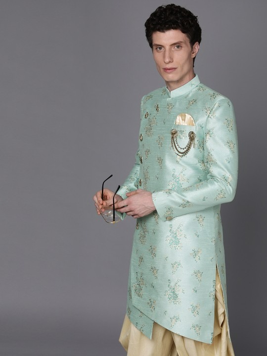 Men Sea Green & Beige Floral Printed Sherwani and Patiala Set