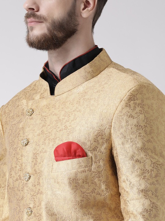 Men Gold-Coloured & Black Woven-Design Sherwani Set