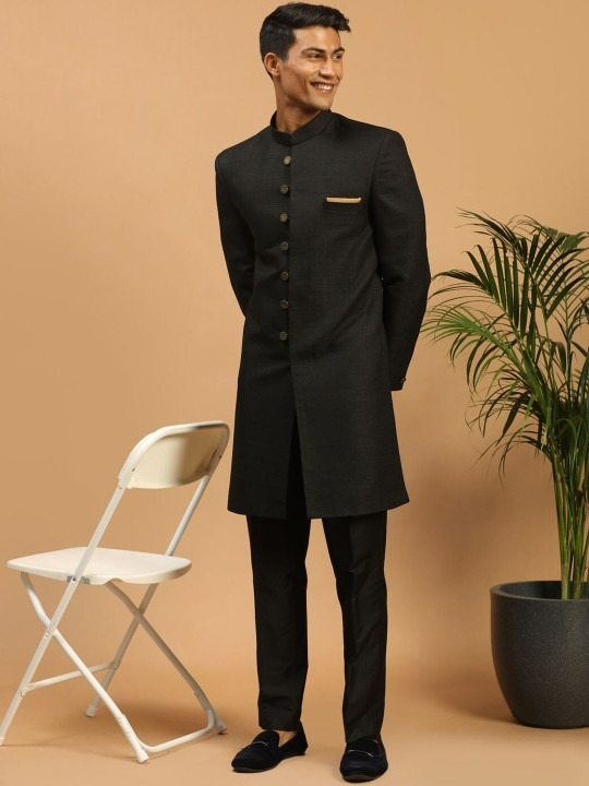 Men Black Slim-Fit Textured Sherwani Set