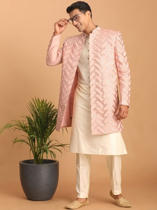 Slim-Fit Embroidered Mirror Work Sherwani Set