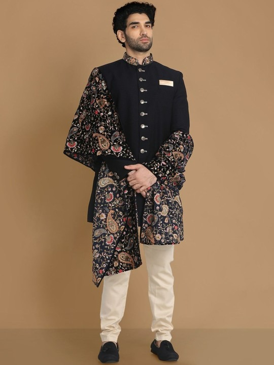 Self-Design Mandarin Collar Sherwani Set