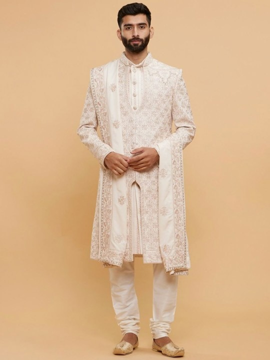 Embroidered Sequinned & Thread Work Mandarin Collar Sherwani Set