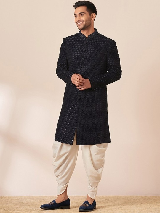 Embroidered Mandarin Collar Velvet Sherwani With Dhoti Pants
