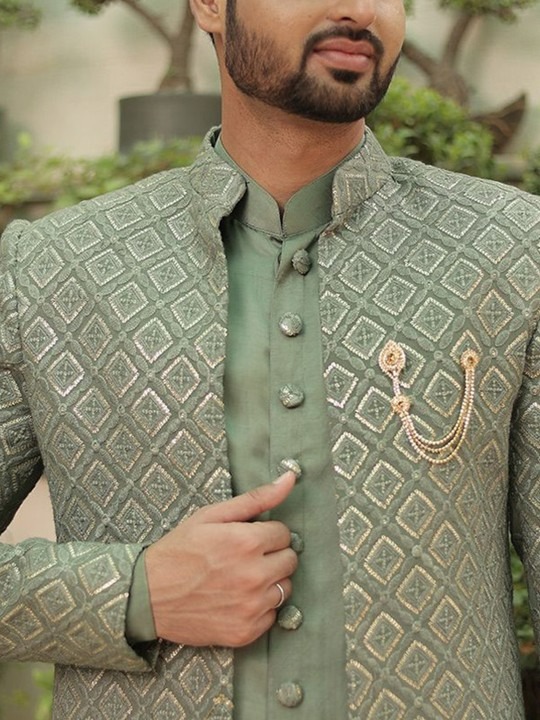Embroidered Georgette Sherwani With Art Silk Kurta Set