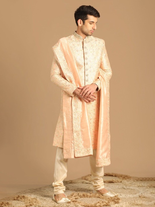 Mandarin Collar Self Designed Sherwani Set