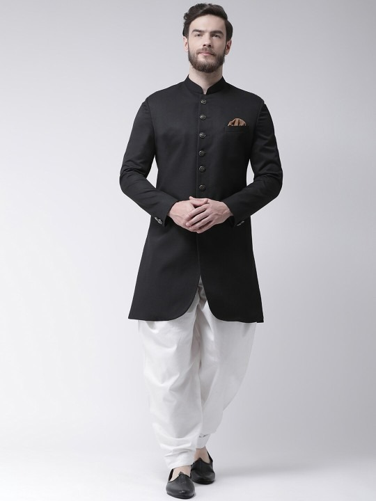 Men Black Solid Sherwani Set