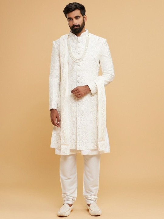 Embroidered Mandarin Collar Sherwani Set WithDupatta