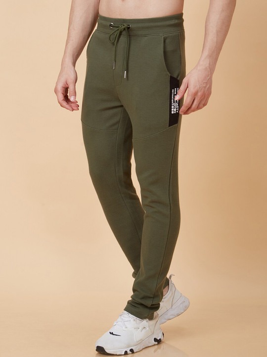 Men Olive Green Mid-Rise Pure Cotton Sports Track Pants