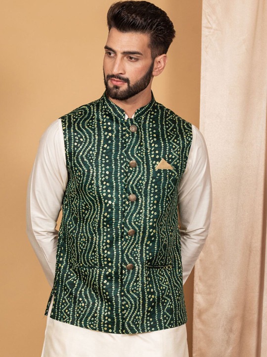 Printed Mandarin Collar Woven Nehru Jacket With Pocket Square