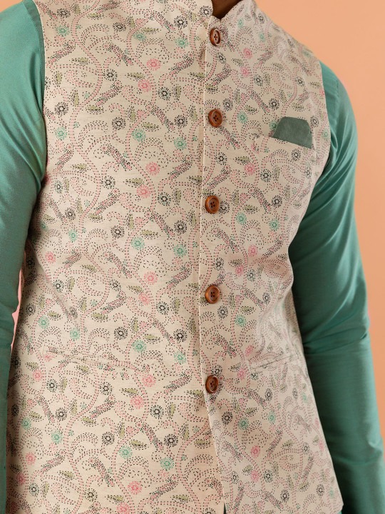 Kantha-Printed Mandarin Collar Nehru Jacket