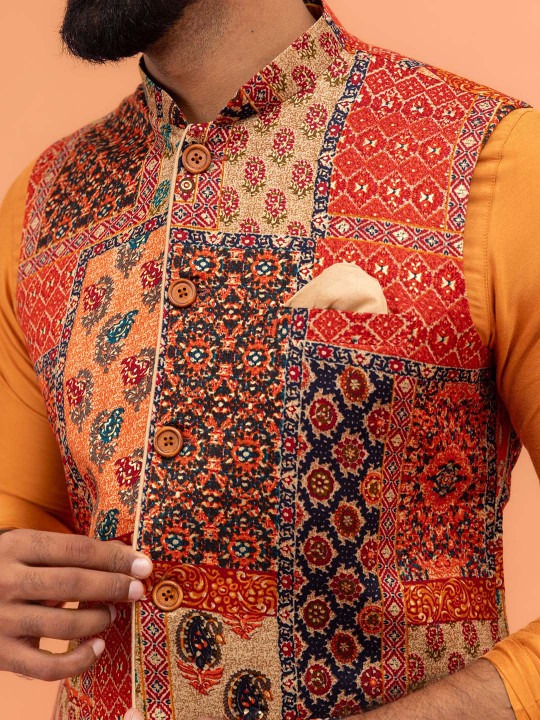 Men Mandarin Collar Printed Nehru Jacket