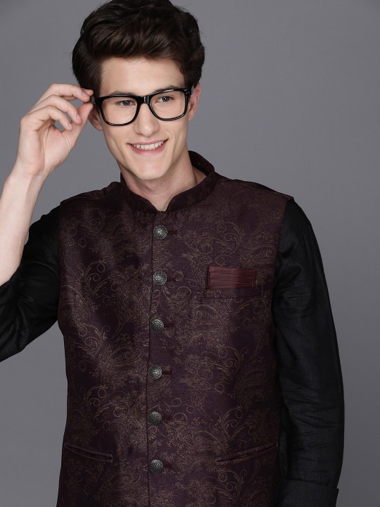 Men Burgundy Woven Design Nehru Jacket