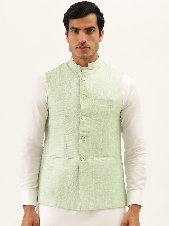 Men Sea Green Self-Design Nehru Jacket