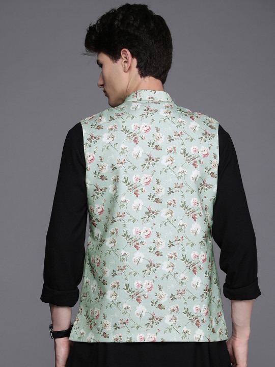 Men Green & Red Floral Printed Nehru Jacket