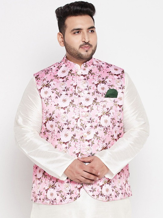 Men Plus Size Pink Printed Nehru Jackets