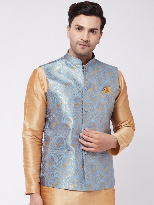 Men Blue & Grey Woven Design Silk Blend Nehru Jacket