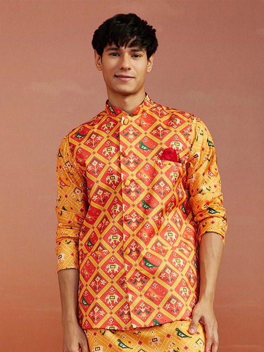 Men Red & Yellow Patola Printed Satin Slim-Fit Nehru Jacket