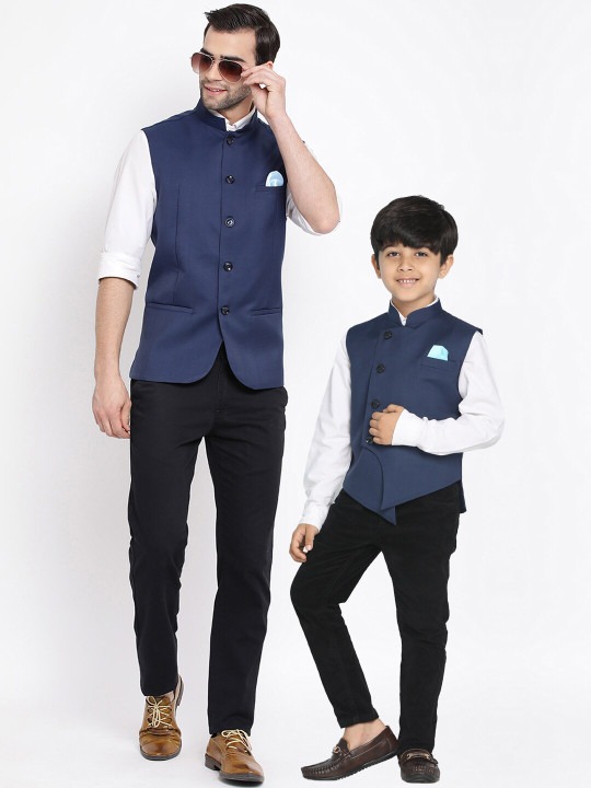 Men Navy Blue Solid Woven Nehru Jacket