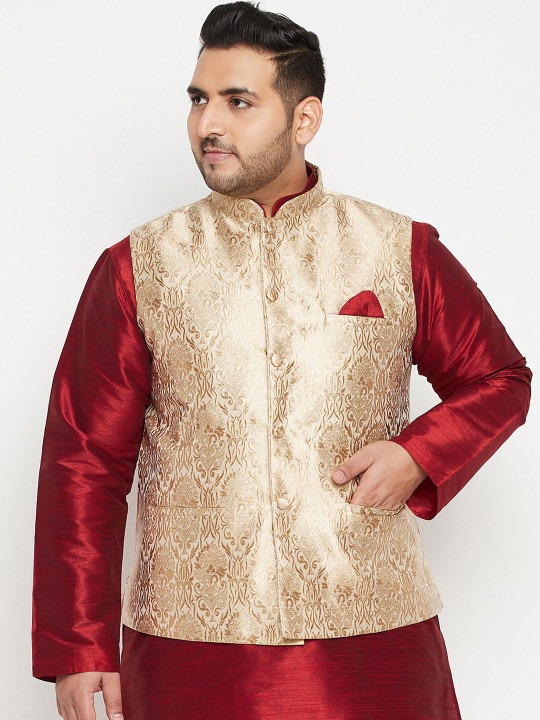 Men Gold-Coloured Woven-Design Slim-Fit Nehru Jacket