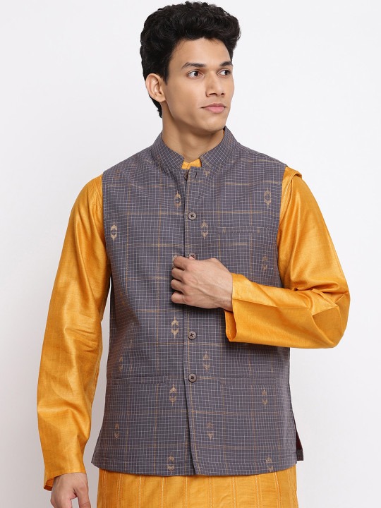 Men Grey Checked Cotton Nehru Jackets