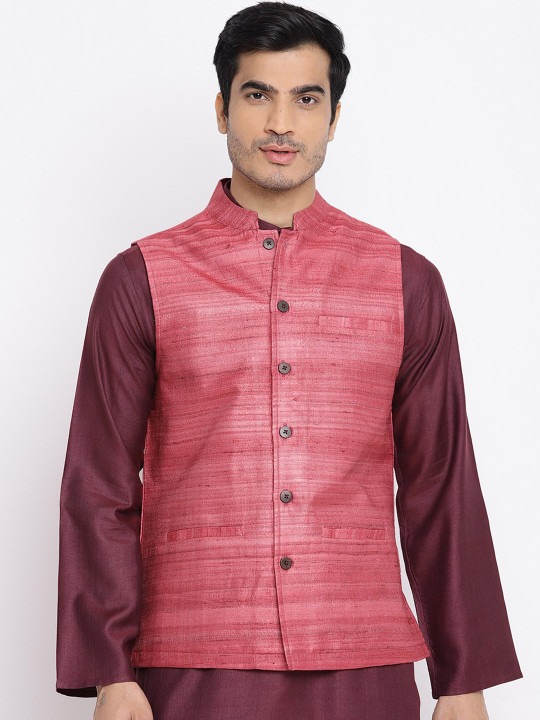 Men Magenta Woven Design Nehru Jackets