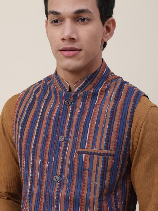 Men Blue & Brown Striped Cotton Nehru Jackets
